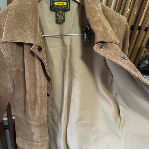 Free People VTG Camel Suede Snap Button Long Trench Jacket Boho Western Large - Picture 13 of 13